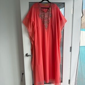Beaded Coral Kaftan Dress - one size